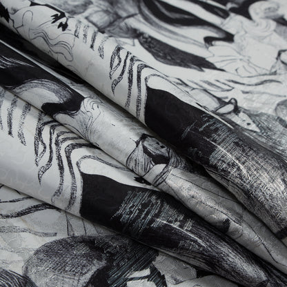 Metallic Silver Abstract Jacquard with Black and White Fashion Sketch Print Detail
