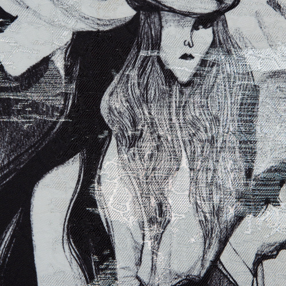 Metallic Silver Abstract Jacquard with Black and White Fashion Sketch Print Full