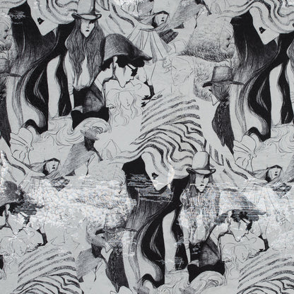 Metallic Silver Abstract Jacquard with Black and White Fashion Sketch Print