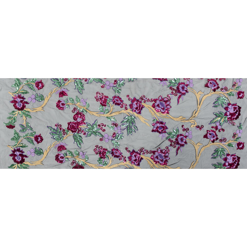 Purple, Pink, Green and Gold Floral Embroidered and Sequined Mesh Folded
