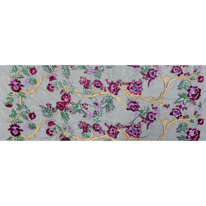 Purple, Pink, Green and Gold Floral Embroidered and Sequined Mesh Folded