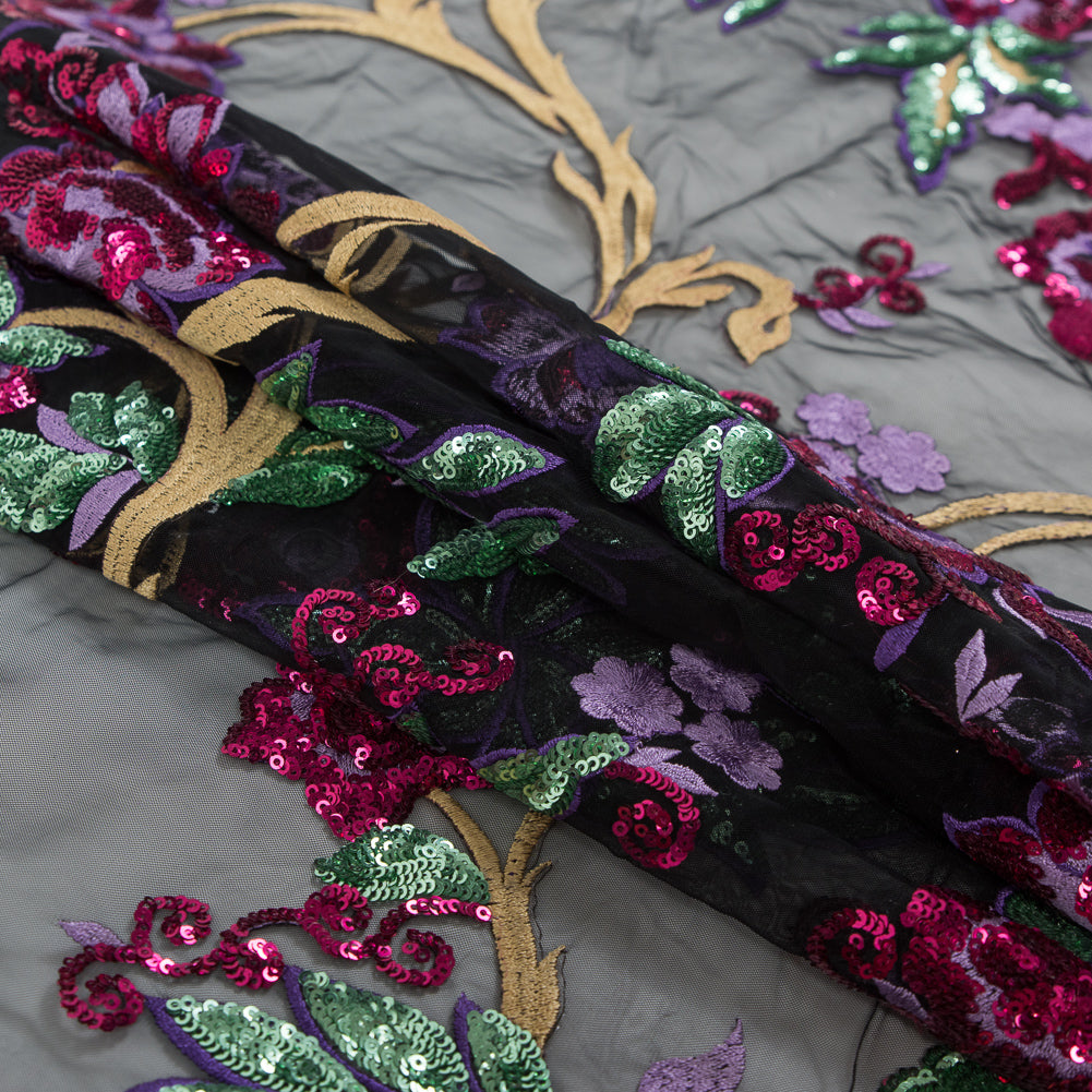 Purple, Pink, Green and Gold Floral Embroidered and Sequined Mesh Detail