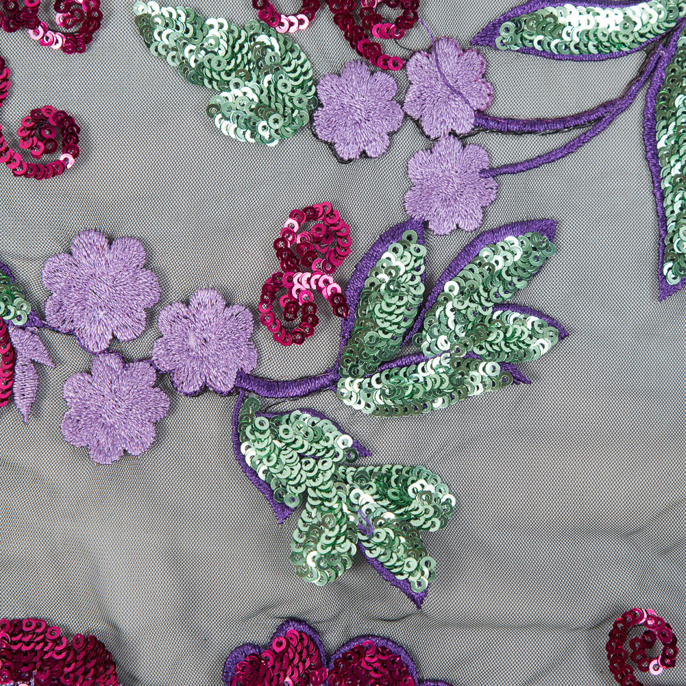 Purple, Pink, Green and Gold Floral Embroidered and Sequined Mesh Full