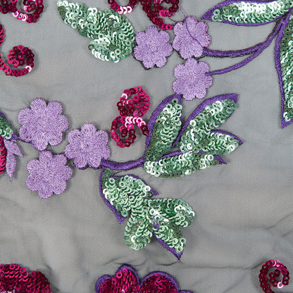 Purple, Pink, Green and Gold Floral Embroidered and Sequined Mesh Full