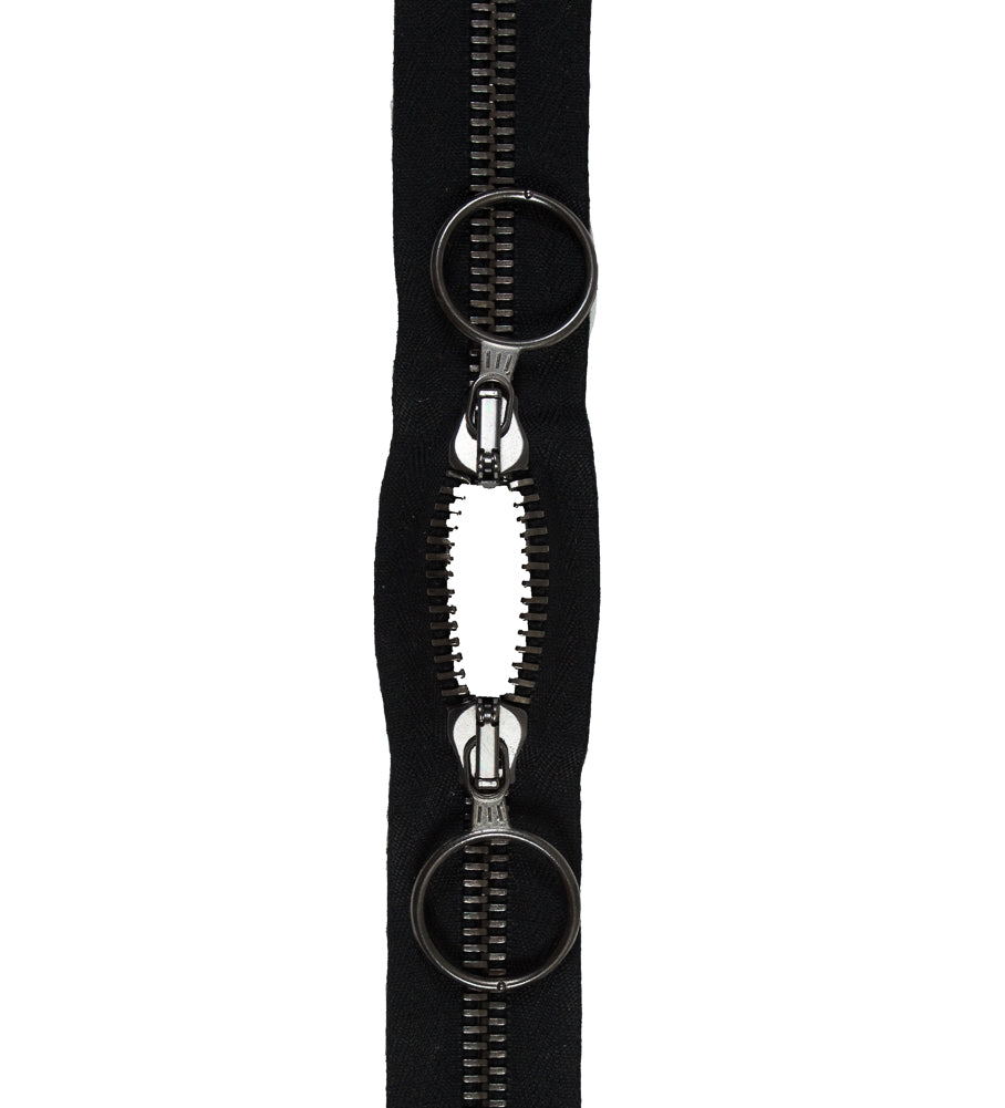 Lampo Black and Gunmetal 2-Way Closed Ended Zipper with Circular Pulls - 10" Detail