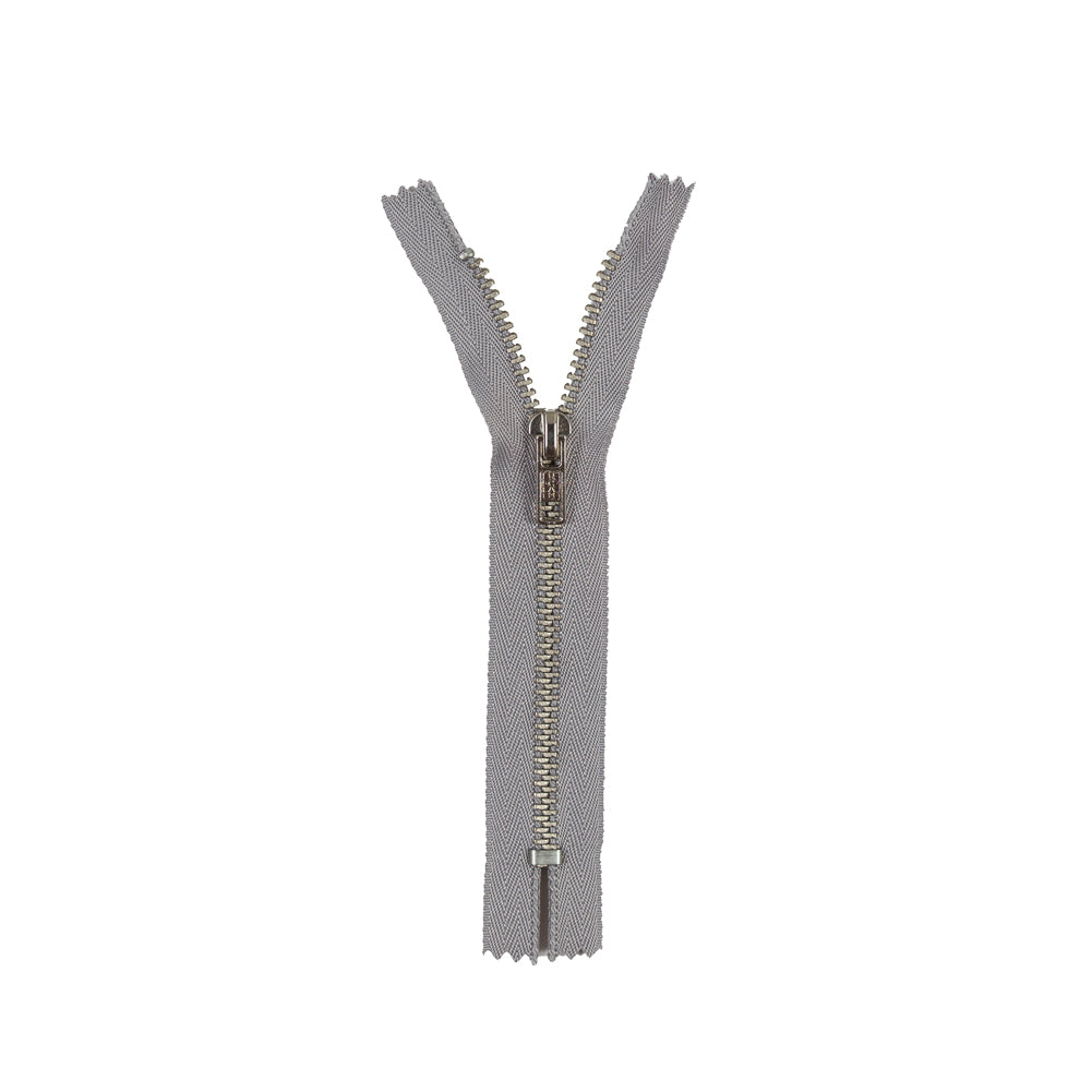 Light Gray and Silver Metal Closed Ended Zipper - 5" Detail