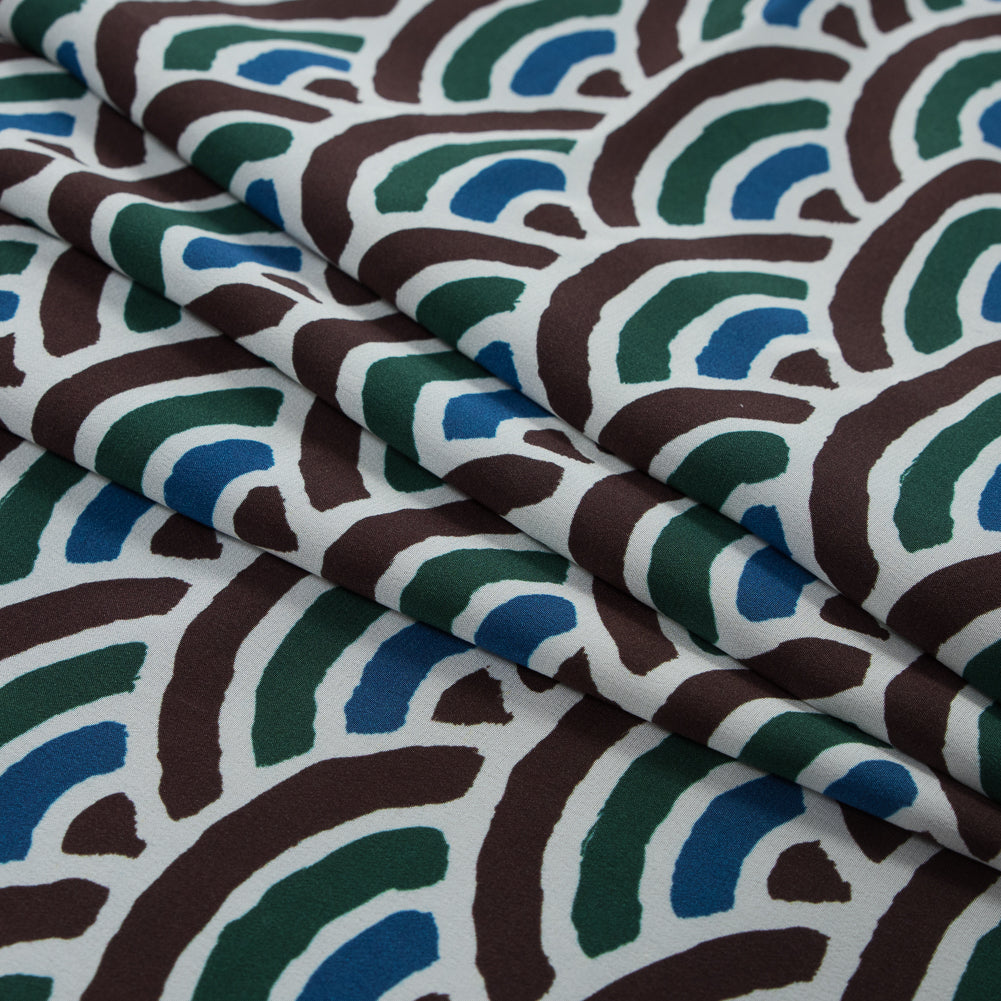Brown, Blue and Green Scallop Printed Silk Crepe de Chine Folded