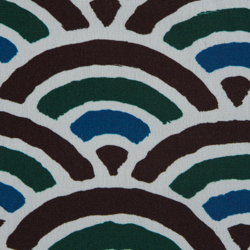 Brown, Blue and Green Scallop Printed Silk Crepe de Chine Detail