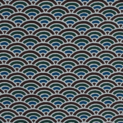 Brown, Blue and Green Scallop Printed Silk Crepe de Chine