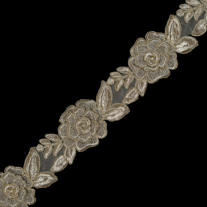 3D Metallic Gold Re-Embroidered Floral Organza Trim - 2.25"