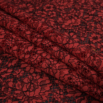 Red Coral and Black Floral Corded Lace with Eyelash Edges Folded