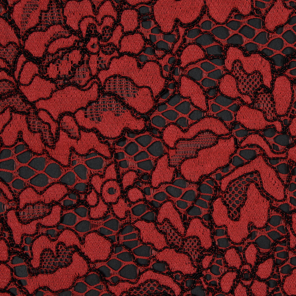 Red Coral and Black Floral Corded Lace with Eyelash Edges Detail