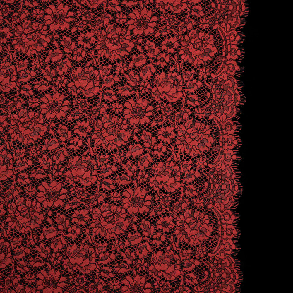 Red Coral and Black Floral Corded Lace with Eyelash Edges