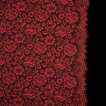 Red Coral and Black Floral Corded Lace with Eyelash Edges