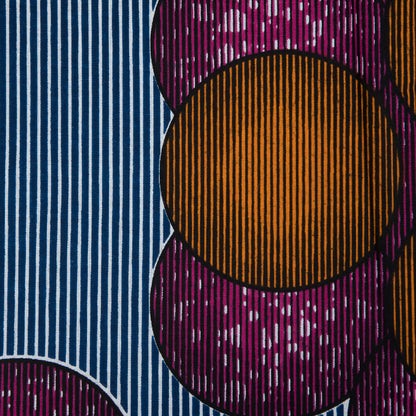 Pink and Orange Waxed Cotton African Print with Stripes and Circles Detail