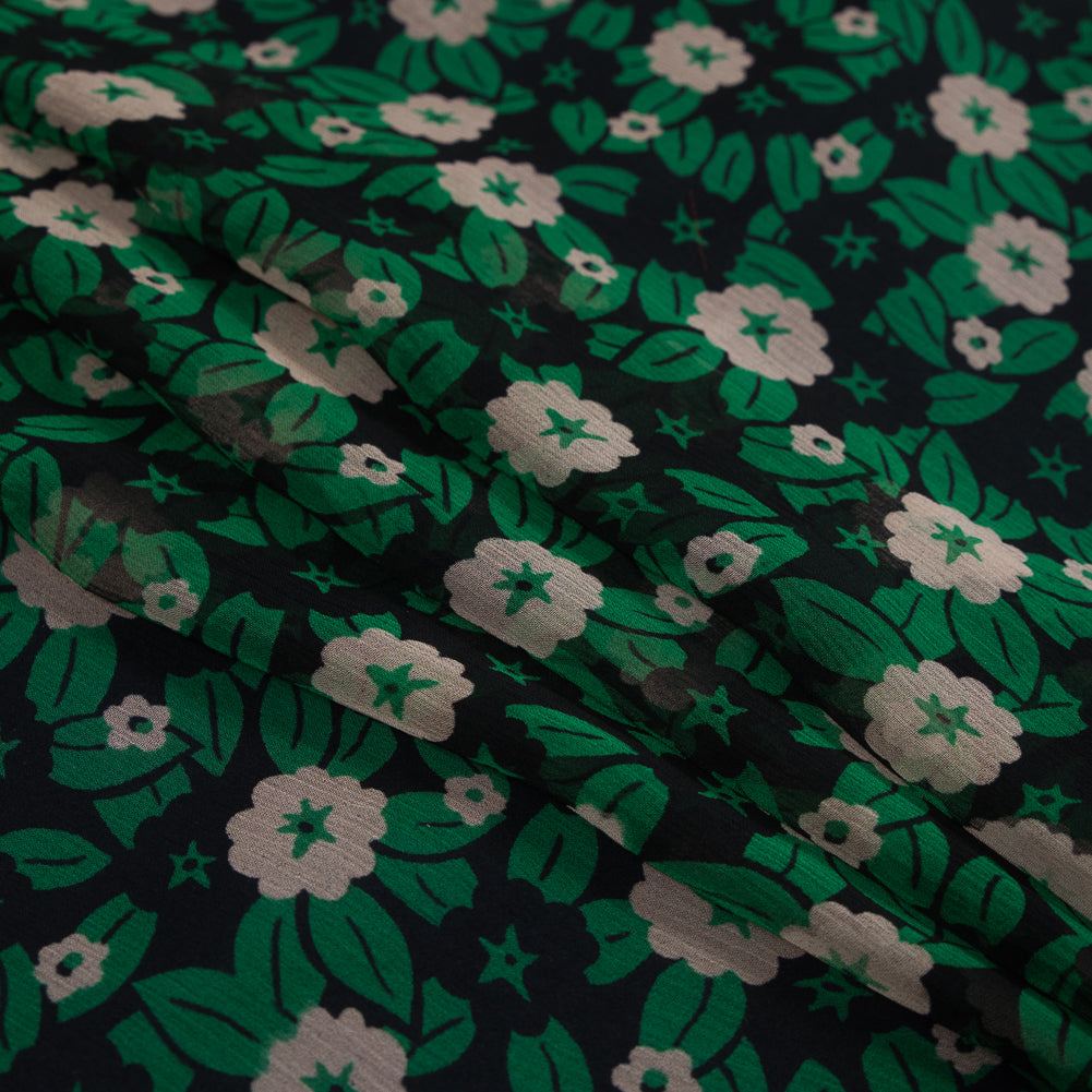 Famous NYC Designer Green and Beige Floral Crinkled Silk Chiffon Folded