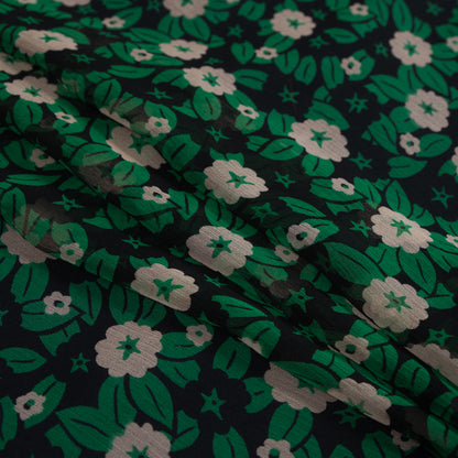 Famous NYC Designer Green and Beige Floral Crinkled Silk Chiffon Folded