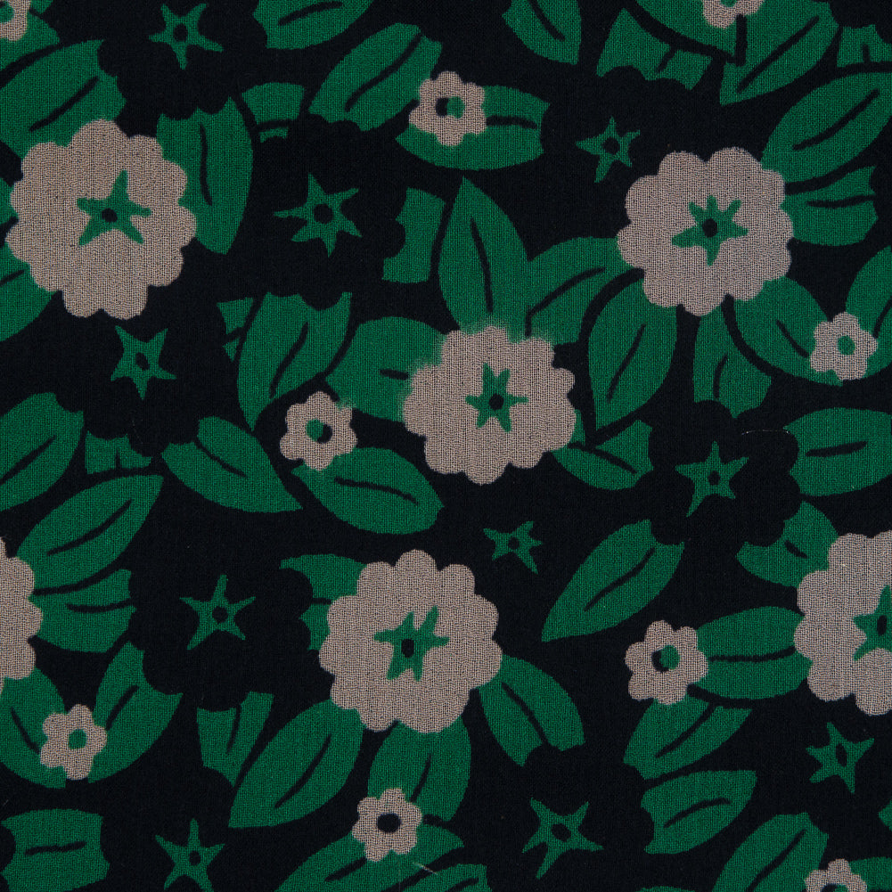 Famous NYC Designer Green and Beige Floral Crinkled Silk Chiffon Detail