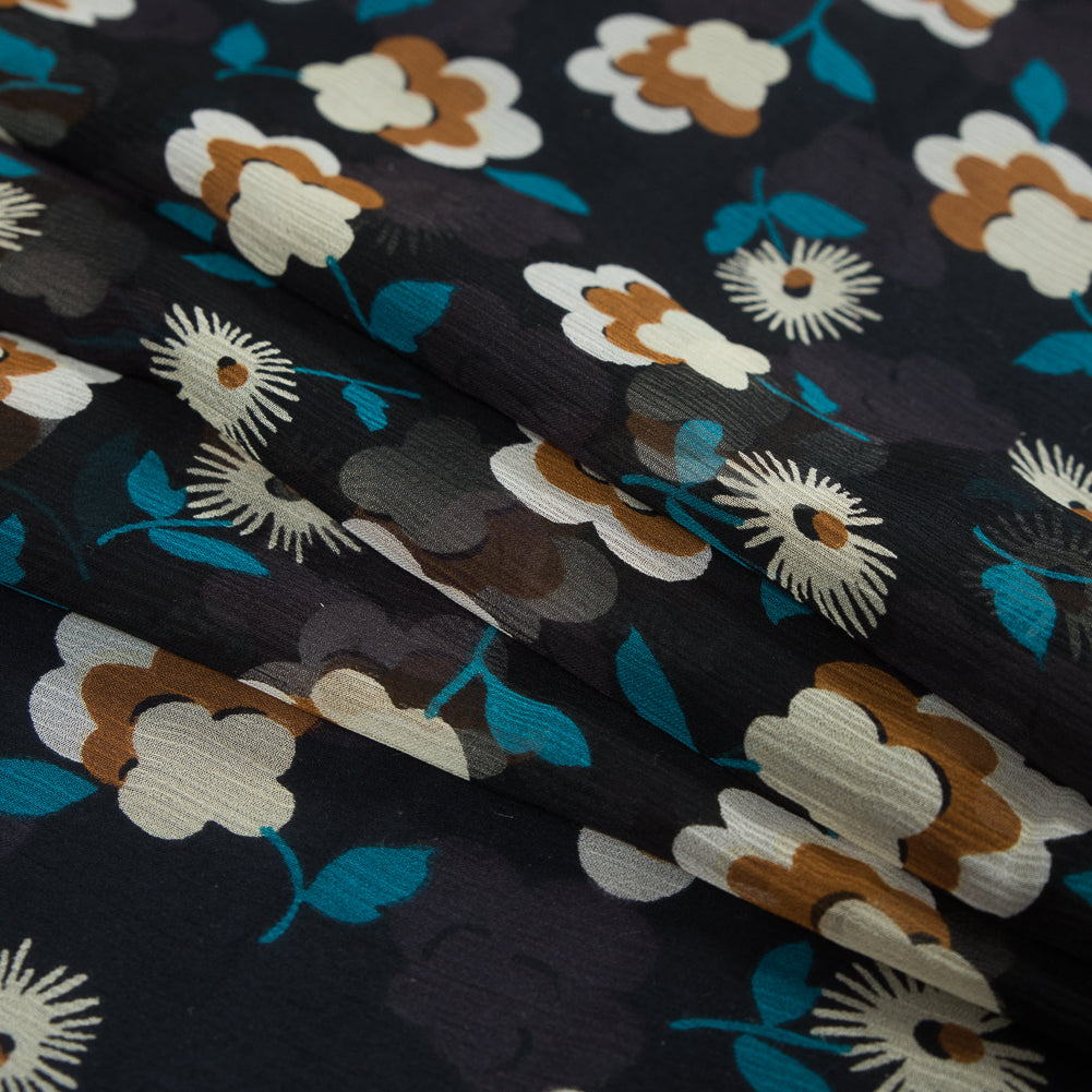 Famous NYC Designer Blue and Brown Floral Crinkled Silk Chiffon Folded