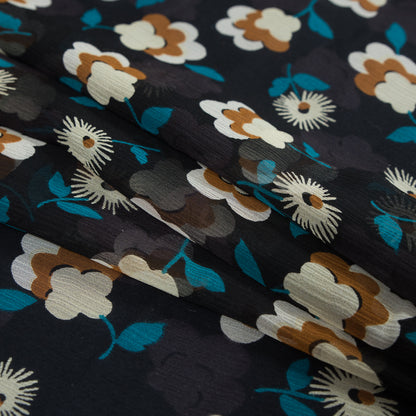Famous NYC Designer Blue and Brown Floral Crinkled Silk Chiffon Folded