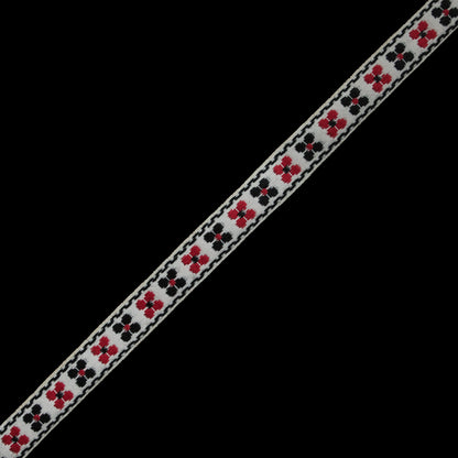 White, Black and Red Floral German Jacquard Ribbon - 0.75"