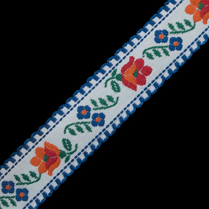 Blue and White Floral German Jacquard Ribbon - 1" Detail