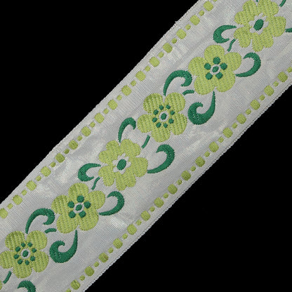 White, Green and Metallic Gold Floral Jacquard Ribbon - 2" Detail