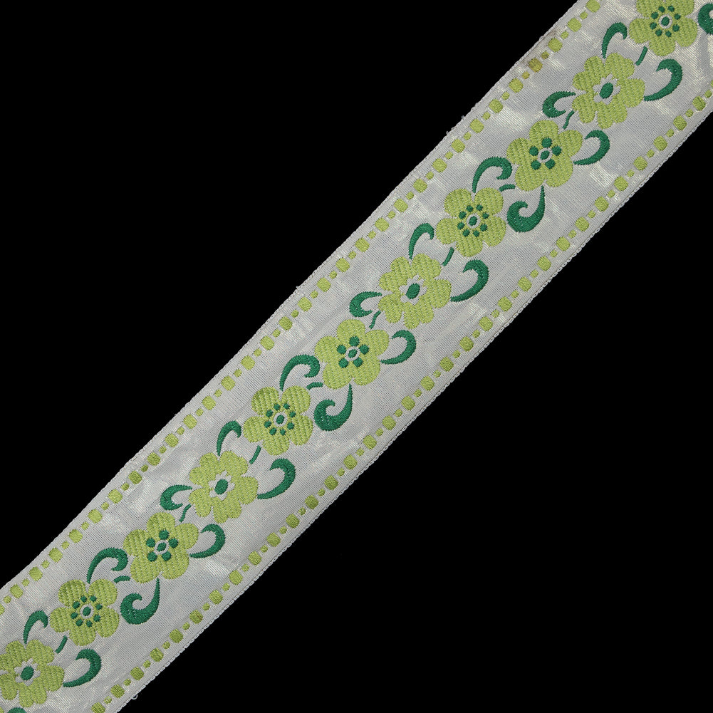 White, Green and Metallic Gold Floral Jacquard Ribbon - 2"