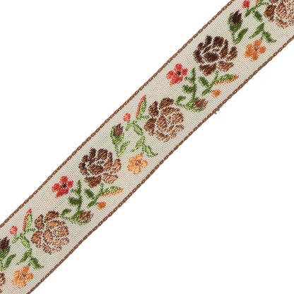 Brown, Orange and Green Floral Jacquard Ribbon - 0.875" Detail