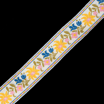 White, Yellow and Pink Floral Jacquard Ribbon - 1.625"