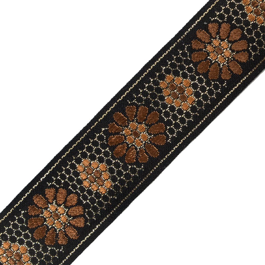 Black, Brown and Orange Metallic Geometric Jacquard Ribbon - 1.5" Detail