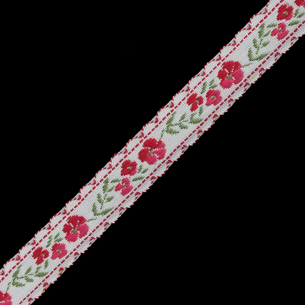 Red and White Floral German Jacquard Ribbon - 0.5" Detail