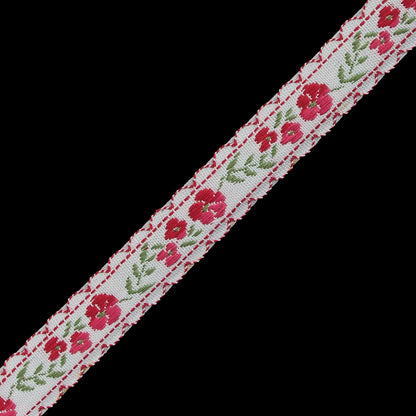 Red and White Floral German Jacquard Ribbon - 0.5" Detail