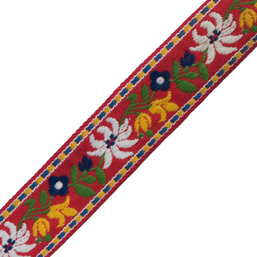 Red and Yellow Floral German Jacquard Ribbon - 1.25" Detail