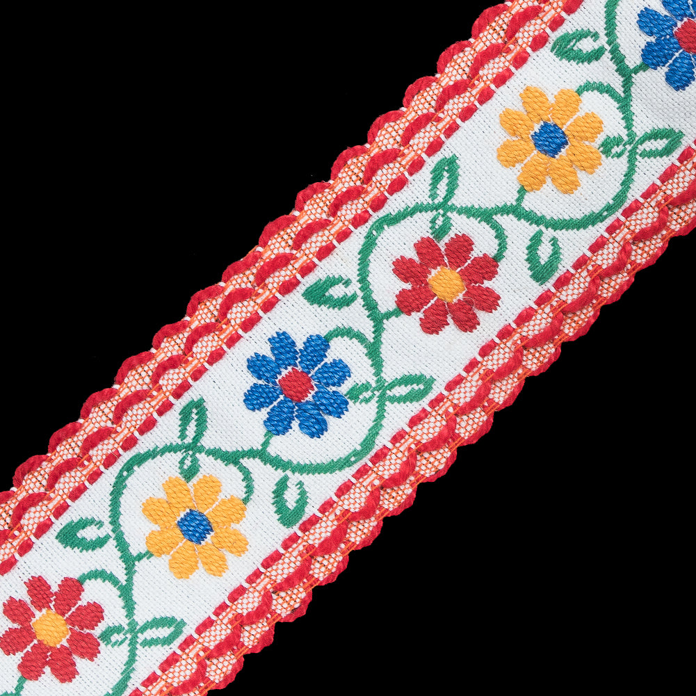 Red, Yellow and Blue Raised Floral German Jacquard Ribbon - 2" Detail