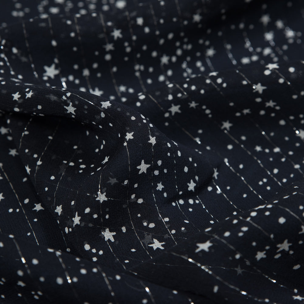 Black and White Star-Filled Silk Chiffon with Metallic Silver Stripes Full
