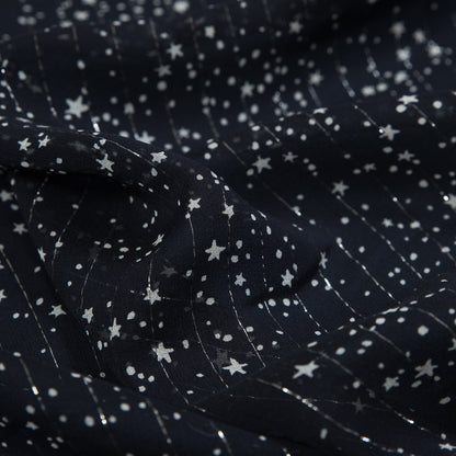 Black and White Star-Filled Silk Chiffon with Metallic Silver Stripes Full