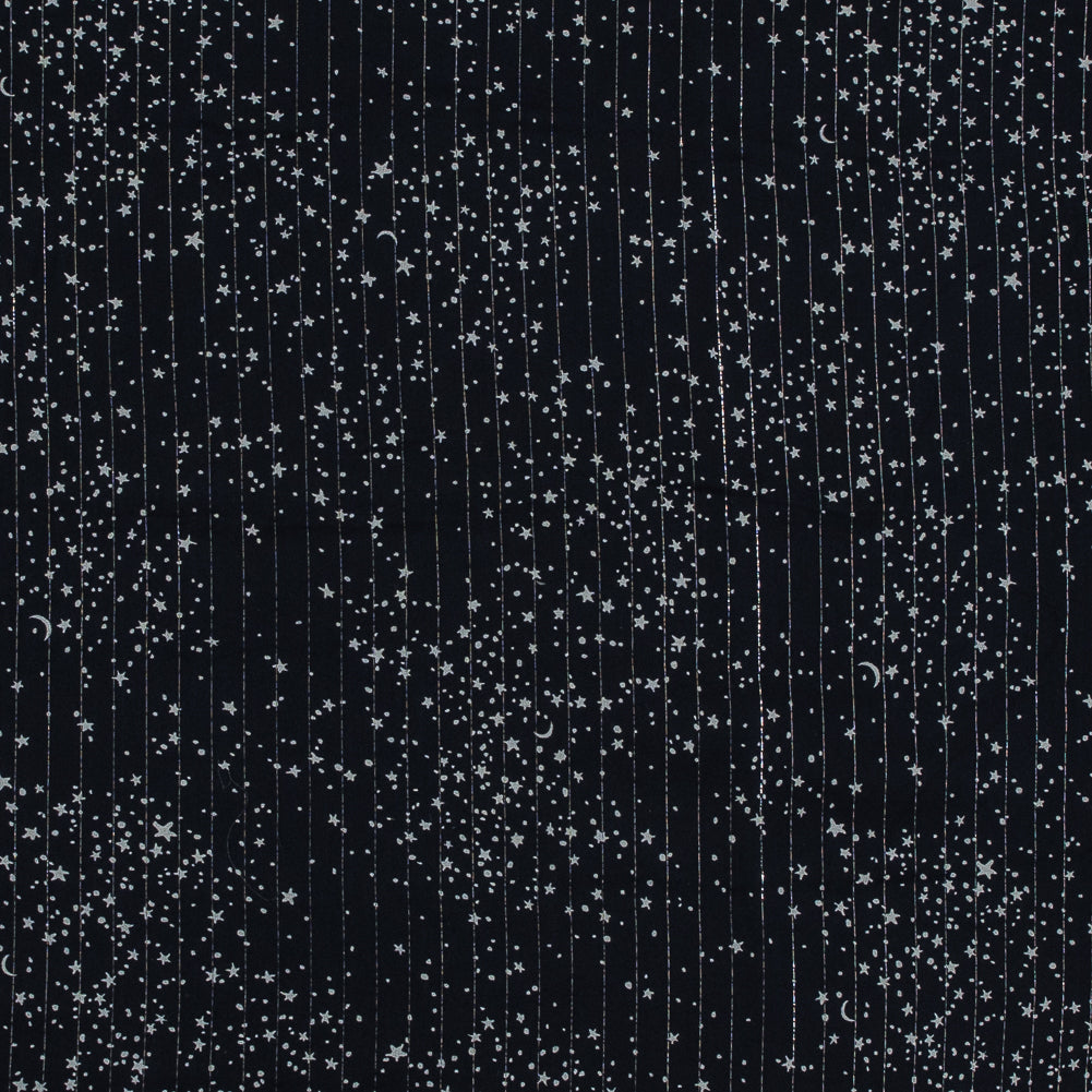 Black and White Star-Filled Silk Chiffon with Metallic Silver Stripes