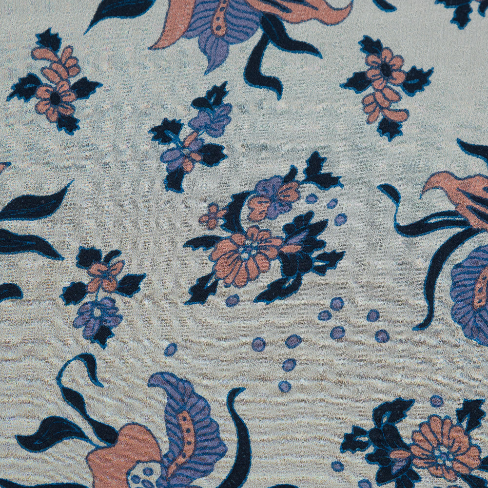Pink and Blue Floral Border Printed Silk Chiffon Detail