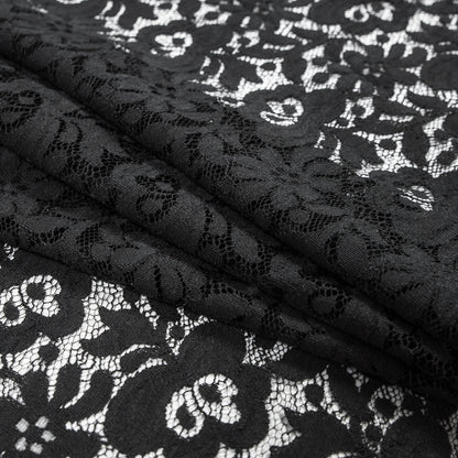 Tibi Black Floral Polyester Lace with Scalloped Eyelash Edges Folded