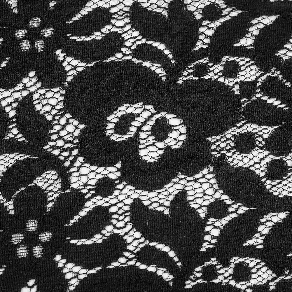 Tibi Black Floral Polyester Lace with Scalloped Eyelash Edges Detail