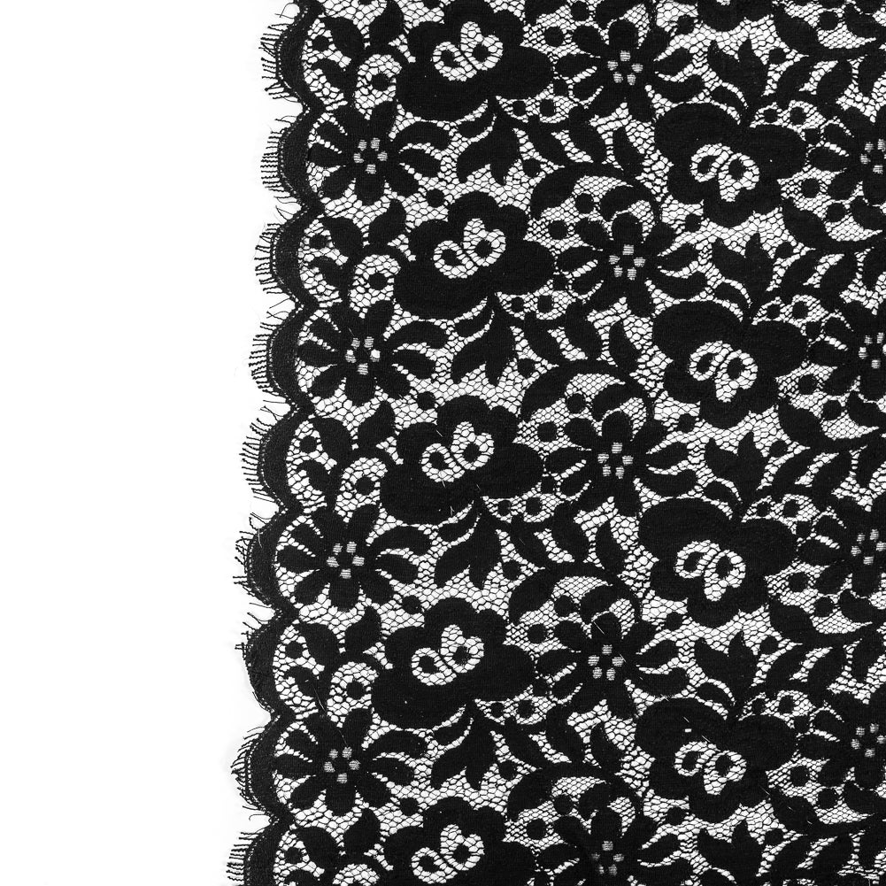 Tibi Black Floral Polyester Lace with Scalloped Eyelash Edges