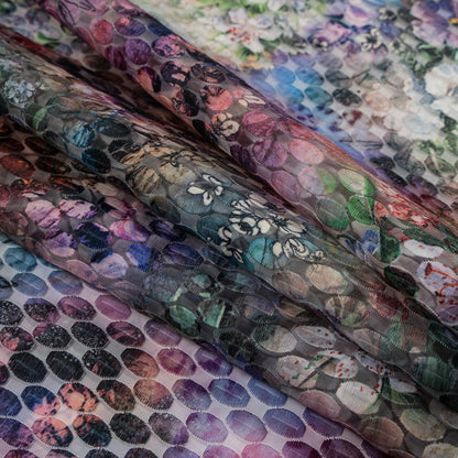 Floral Multicolor Printed Organza with Embroidered Ovals Folded