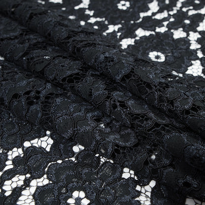 Famous NYC Designer Black Corded Floral Lace with Scalloped Edges Folded