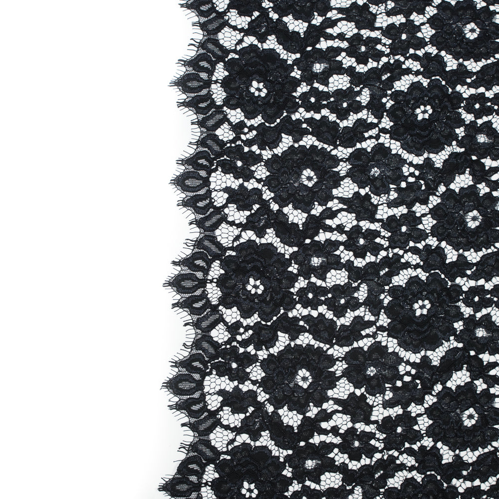 Famous NYC Designer Black Corded Floral Lace with Scalloped Edges
