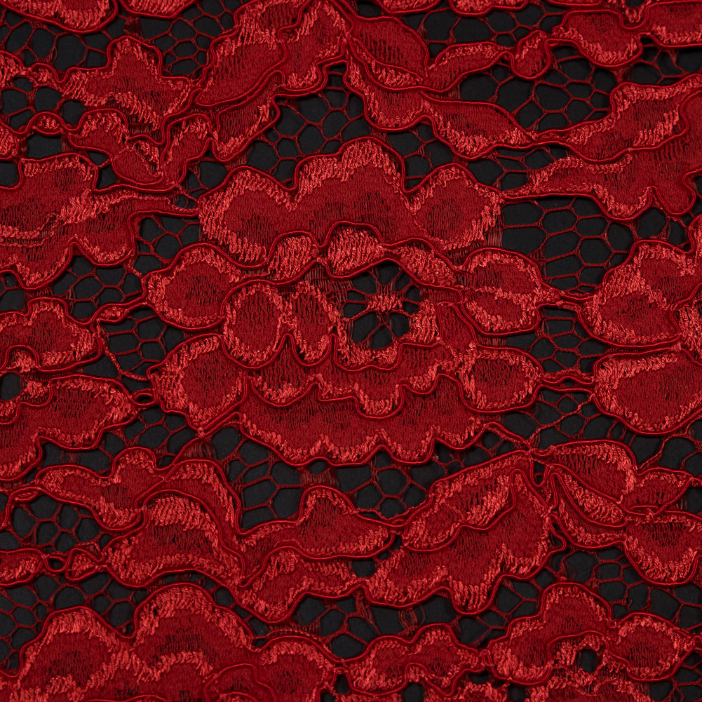 Famous NYC Designer Red Corded Floral Lace with Scalloped Edges Detail