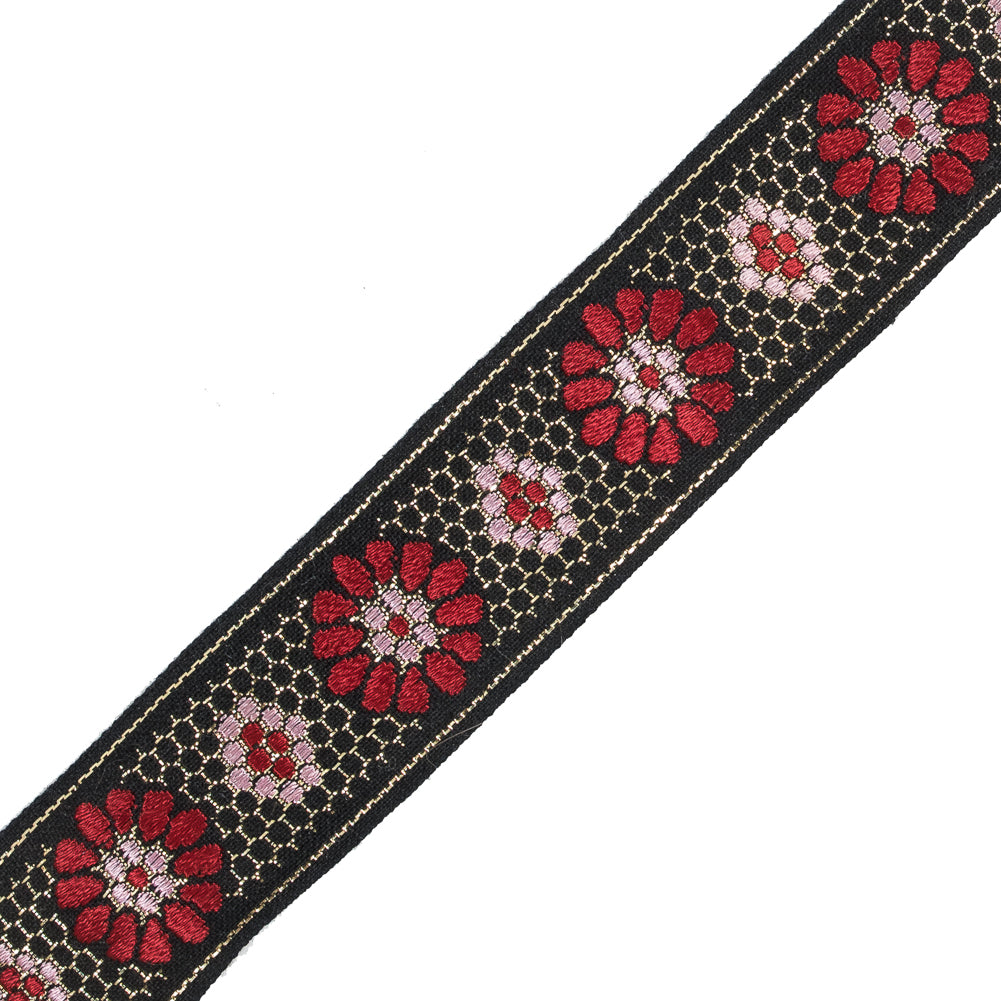 Black, Red and Pink Metallic Geometric Jacquard Ribbon - 1.5" Detail