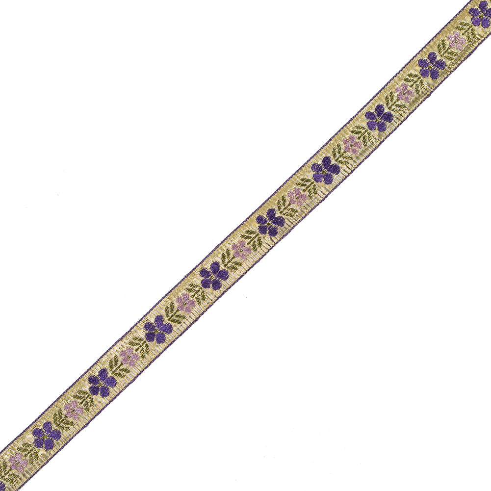 Purple and Metallic Gold Floral Jacquard Ribbon - 0.75"