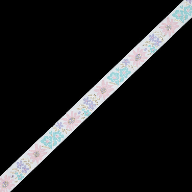 Pink, Aqua and Metallic Gold Floral Jacquard Ribbon - 1"