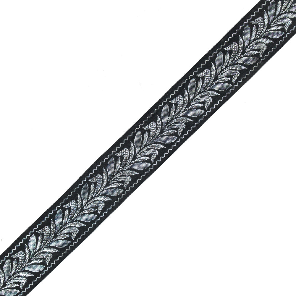 Black and Silver Metallic Foliage Jacquard Ribbon - 1.5"